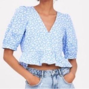 Zara | Blue Floral Puff Sleeve Cropped Peplum Top
